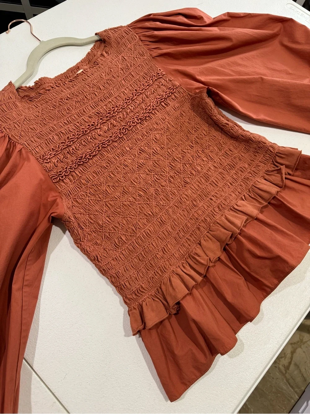 Ulla Johnson Amelia Smocked Puff Sleeve Ruffle Blouse Size 8